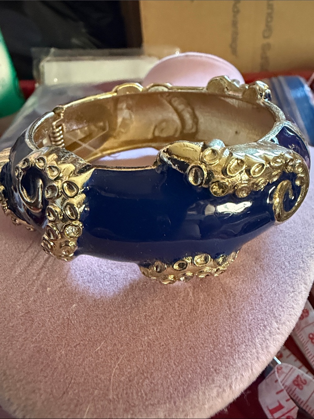Gold-Tone Blue Enamel Octopus Bangle Bracelet, Hinged 2.5”, (J0283)